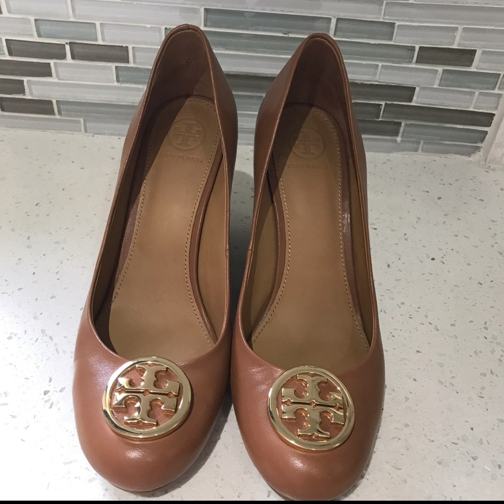 Tory Burch Brown Leather Heels with Gold Accent
